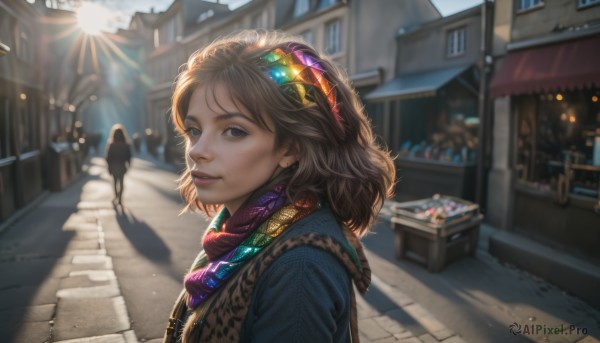 1girl,solo,looking at viewer,smile,short hair,bangs,blue eyes,brown hair,hair ornament,brown eyes,jewelry,upper body,hairband,outdoors,parted lips,solo focus,day,looking back,necklace,scarf,blurry,from side,lips,looking to the side,window,depth of field,blurry background,shadow,sunlight,building,gem,lens flare,freckles,light rays,stairs,city,realistic,nose,road,street,crowd,pavement,long hair,closed mouth,earrings,sky,medium hair,eyelashes,scenery,backlighting,red scarf,sign,bandana,silhouette,light,lamppost,bokeh,shop,stained glass,people,vanishing point