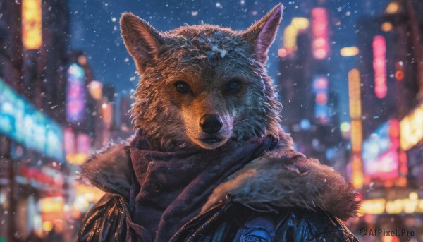 solo, looking at viewer, blue eyes, jacket, outdoors, blurry, fur trim, no humans, night, blurry background, animal, furry, dog, snowing, city, animal focus, wolf