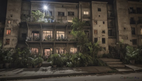 flower,outdoors,sky,tree,no humans,window,night,grass,plant,building,scenery,stairs,city,door,potted plant,light,road,bush,house,lamppost,street,sunlight