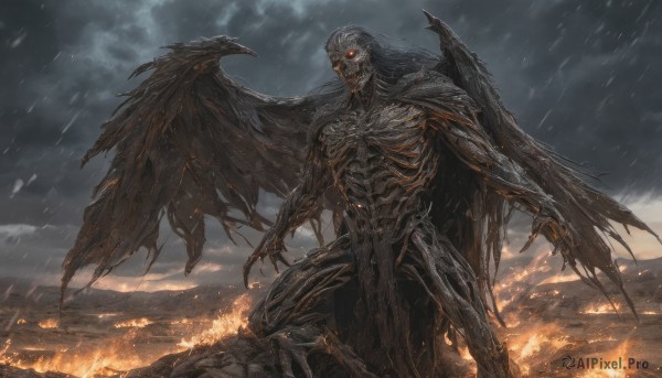 solo,red eyes,1boy,standing,male focus,outdoors,wings,sky,cloud,no humans,glowing,cloudy sky,fire,glowing eyes,claws,rain,monster,ribs,skeleton,demon,embers,grey sky,burning,teeth,fingernails,skull