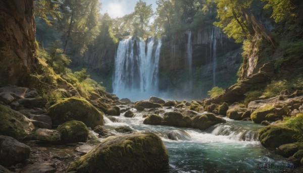 outdoors, sky, day, water, tree, no humans, sunlight, nature, scenery, forest, rock, river, waterfall