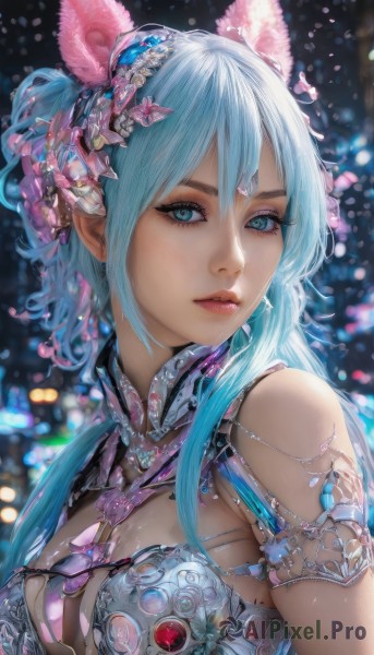 1girl,solo,long hair,breasts,looking at viewer,bangs,blue eyes,large breasts,hair ornament,animal ears,cleavage,bare shoulders,jewelry,medium breasts,blue hair,upper body,ponytail,flower,earrings,parted lips,hair flower,mole,blurry,lips,eyelashes,mole under eye,makeup,depth of field,blurry background,gem,armlet,realistic,hair between eyes,artist name,armor,rabbit ears,aqua eyes,fake animal ears,light particles,nose,bokeh,mascara