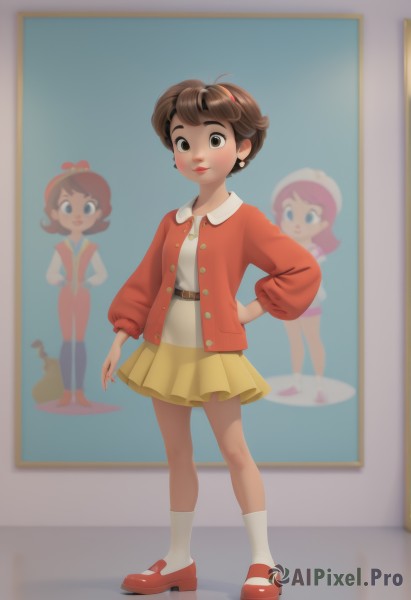 1girl,solo,looking at viewer,smile,short hair,blue eyes,skirt,brown hair,shirt,long sleeves,hat,brown eyes,jewelry,standing,jacket,full body,earrings,shoes,socks,belt,dark skin,dark-skinned female,lips,hand on hip,cardigan,white socks,red footwear,red nails,mary janes,red jacket,yellow skirt,blush,bangs,simple background,dress,closed mouth,white shirt,hairband,open clothes,blue background