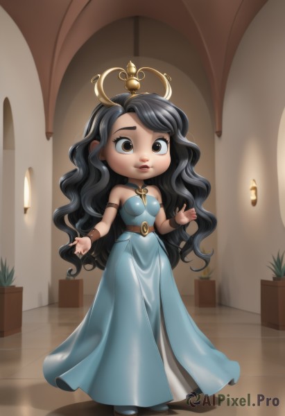 1girl,solo,long hair,breasts,looking at viewer,black hair,dress,bare shoulders,brown eyes,jewelry,very long hair,standing,full body,small breasts,choker,belt,indoors,chibi,black eyes,bracelet,lips,strapless,makeup,blue dress,wavy hair,tiara,crown,plant,strapless dress,armlet,long dress,potted plant,medium breasts,candle