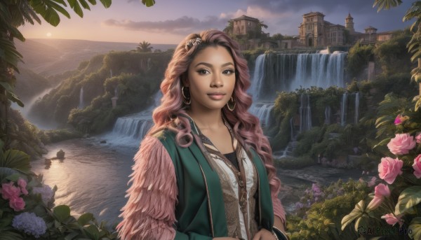 1girl,solo,long hair,looking at viewer,smile,brown hair,brown eyes,jewelry,upper body,pink hair,flower,multicolored hair,earrings,outdoors,sky,cloud,dark skin,water,necklace,bracelet,dark-skinned female,tree,lips,makeup,rose,leaf,wavy hair,feathers,plant,building,nature,scenery,pink flower,curly hair,sunset,hoop earrings,realistic,nose,pink rose,river,waterfall,hair ornament,vest,fantasy