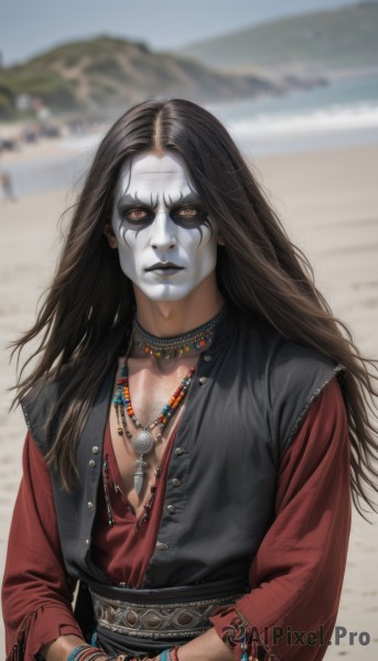 1girl,solo,long hair,looking at viewer,brown hair,shirt,black hair,long sleeves,1boy,brown eyes,jewelry,collarbone,yellow eyes,upper body,male focus,outdoors,solo focus,choker,day,necklace,blurry,vest,bracelet,lips,sash,makeup,depth of field,blurry background,colored skin,beach,pale skin,colored sclera,beads,realistic,sand,grey skin,black lips,breasts,dress,cleavage,medium breasts,parted lips,nail polish,orange eyes,facial mark,ring,facepaint