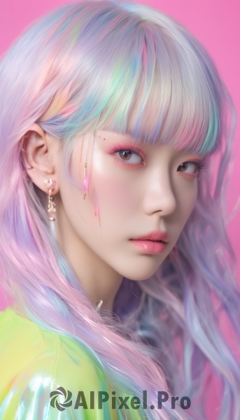 1girl,solo,long hair,looking at viewer,bangs,simple background,shirt,brown eyes,jewelry,closed mouth,upper body,pink hair,white hair,multicolored hair,earrings,blunt bangs,from side,lips,eyelashes,gradient hair,makeup,piercing,pink background,ear piercing,portrait,eyeshadow,pink lips,realistic,nose,eyeliner,parted lips,mascara