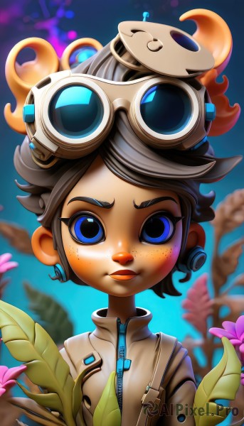 1girl,solo,looking at viewer,smile,short hair,blue eyes,brown hair,black hair,jewelry,upper body,flower,earrings,artist name,blurry,lips,blurry background,leaf,plant,goggles,zipper,freckles,goggles on head,animal on head,jacket,child,holding flower