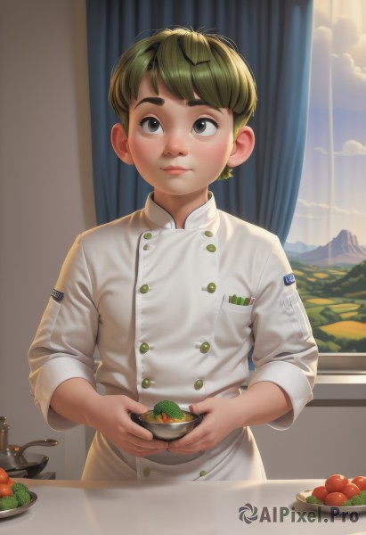 1girl,solo,looking at viewer,blush,short hair,bangs,long sleeves,1boy,holding,jewelry,closed mouth,standing,upper body,male focus,earrings,food,green hair,sky,cloud,indoors,star (symbol),black eyes,lips,grey eyes,window,buttons,fruit,thick eyebrows,curtains,androgynous,bowl,double-breasted,holding bowl,tomato,vegetable,chef,soup,artist name,mountain,realistic,nose,kitchen,eggplant