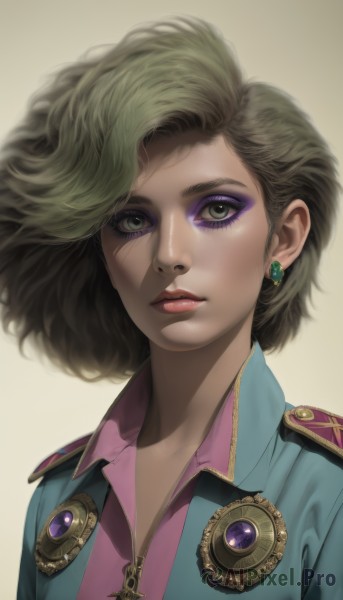 1girl,solo,looking at viewer,short hair,simple background,brown hair,shirt,brown eyes,jewelry,green eyes,upper body,earrings,parted lips,green hair,collared shirt,uniform,lips,head tilt,eyelashes,makeup,lipstick,gem,portrait,eyeshadow,freckles,curly hair,pink shirt,realistic,blonde hair,nose,eyeliner,mascara