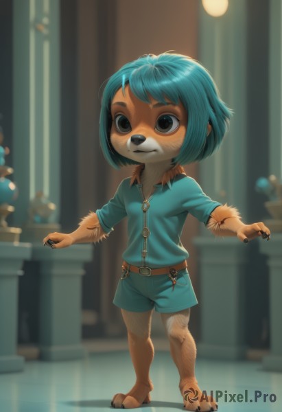 1girl,solo,smile,short hair,shirt,1boy,animal ears,closed mouth,blue hair,standing,full body,male focus,shorts,barefoot,belt,artist name,indoors,blurry,black eyes,short shorts,blurry background,blue shirt,child,claws,furry,androgynous,blue shorts,furry female,furry male,male child,animal nose,breasts,bangs,blue eyes,tail,short sleeves,sidelocks,small breasts,signature,flat chest,watermark,thick eyebrows,outstretched arms,web address,zipper,spread arms,female child,zipper pull tab,body fur,white fur,two-tone fur,aqua shirt