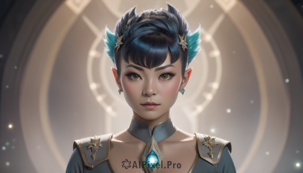 1girl,solo,looking at viewer,short hair,bangs,black hair,hair ornament,brown eyes,jewelry,closed mouth,collarbone,upper body,earrings,pointy ears,artist name,blurry,lips,makeup,detached collar,gem,portrait,eyeshadow,nose,blue gemstone,blush,simple background,dress,blue hair,yellow eyes,star (symbol),eyelashes,glowing,backlighting,pink lips,realistic