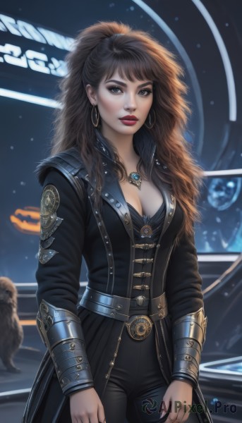 1girl,solo,long hair,breasts,looking at viewer,bangs,brown hair,black hair,long sleeves,cleavage,brown eyes,jewelry,medium breasts,standing,jacket,cowboy shot,earrings,parted lips,open clothes,belt,pants,signature,necklace,nail polish,mole,lips,coat,black jacket,fingernails,fur trim,eyelashes,makeup,black pants,ring,lipstick,black nails,buckle,pendant,eyeshadow,hoop earrings,belt buckle,realistic,nose,logo,red lips,eyeliner,space,leather