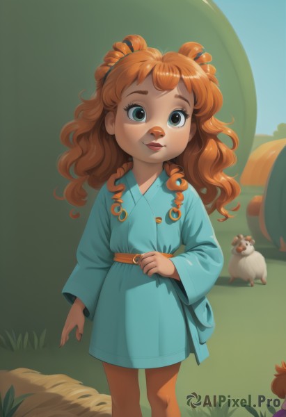 1girl,solo,long hair,looking at viewer,bangs,long sleeves,closed mouth,green eyes,standing,outdoors,japanese clothes,solo focus,day,wide sleeves,kimono,orange hair,lips,feet out of frame,bird,animal,thick eyebrows,grass,child,freckles,curly hair,sheep,cow,smile,hair ornament,red hair,artist name,wavy hair,food-themed hair ornament,mouse,acorn