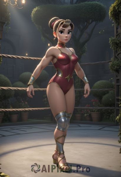 1girl,solo,breasts,looking at viewer,short hair,brown hair,cleavage,bare shoulders,brown eyes,jewelry,medium breasts,closed mouth,standing,full body,earrings,outdoors,choker,hair bun,nail polish,armor,black eyes,bracelet,leotard,tree,lips,muscular,toes,shadow,sandals,single hair bun,thick eyebrows,plant,walking,toenails,toned,muscular female,bracer,knee pads,red leotard,toeless footwear,red one-piece swimsuit,thighs,gold trim,hoop earrings,toenail polish,potted plant