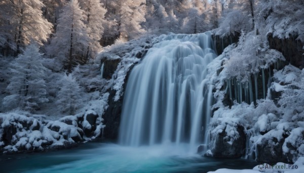 outdoors,water,tree,no humans,nature,scenery,snow,forest,ice,rock,winter,bare tree,river,waterfall,blurry,snowing,landscape