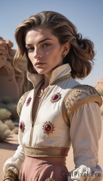 1girl,solo,looking at viewer,brown hair,shirt,long sleeves,brown eyes,jewelry,closed mouth,white shirt,upper body,earrings,outdoors,parted lips,sky,day,medium hair,necklace,mole,blurry,flat chest,bracelet,blue sky,lips,blurry background,gem,freckles,realistic,nose,short hair,weapon,sword,sash,sunlight,ring,sheath,high collar