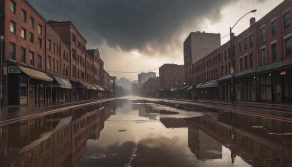 outdoors,sky,day,cloud,water,no humans,window,cloudy sky,building,scenery,reflection,city,sign,road,cityscape,bridge,power lines,lamppost,street,puddle,ground vehicle,sunset,railing,river,road sign,traffic light