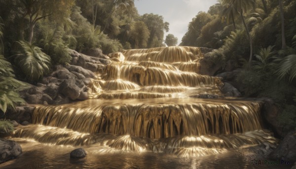 A vivid day highlighting a waterfall