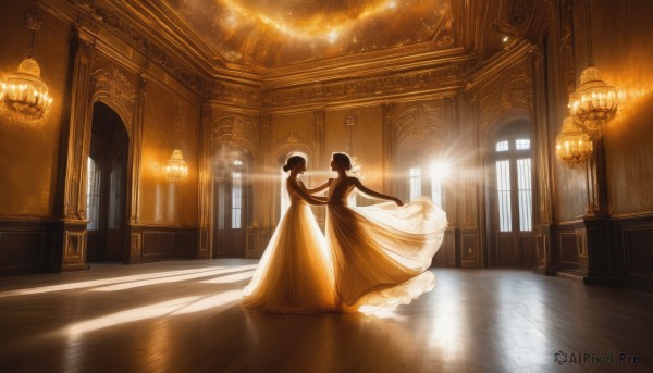 1girl,short hair,multiple girls,black hair,gloves,dress,2girls,bare shoulders,standing,elbow gloves,indoors,white dress,looking at another,window,holding hands,sunlight,scenery,reflection,skirt hold,long dress,light,dancing,yellow dress,wide shot,ceiling,gown,reflective floor,chandelier,long hair,long sleeves,hair bun,formal,single hair bun,outstretched arms,light particles,wooden floor,floor