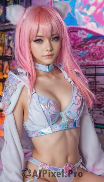 1girl,solo,long hair,breasts,looking at viewer,bangs,blue eyes,thighhighs,navel,animal ears,cleavage,medium breasts,sitting,underwear,collarbone,panties,pink hair,detached sleeves,choker,midriff,belt,cat ears,stomach,bra,white panties,blurry,lips,makeup,blurry background,white bra,garter belt,realistic,closed mouth,rabbit ears,collar,grey eyes,fake animal ears,garter straps,lingerie