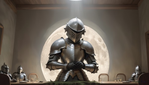 sitting,standing,weapon,multiple boys,solo focus,sword,indoors,armor,cup,chair,moon,table,helmet,own hands together,shoulder armor,gauntlets,facing viewer,1other,full moon,pauldrons,breastplate,multiple others,knight,full armor,ambiguous gender,helm,plate armor,1girl,gloves,holding,night,teacup,teapot,pouring,3others,hands on hilt