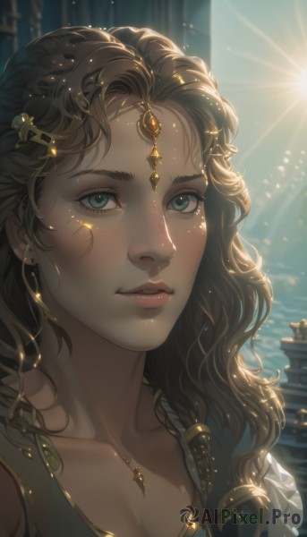 1girl,solo,long hair,breasts,looking at viewer,blue eyes,brown hair,hair ornament,cleavage,jewelry,green eyes,collarbone,upper body,earrings,parted lips,artist name,necklace,lips,eyelashes,wavy hair,sunlight,gem,portrait,close-up,freckles,curly hair,gold trim,circlet,gold,head chain,medium breasts,braid,aqua eyes