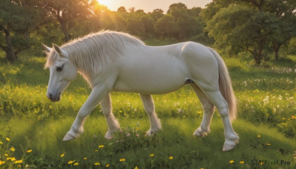 solo,standing,full body,flower,outdoors,day,signature,tree,no humans,animal,sunlight,grass,nature,scenery,forest,realistic,yellow flower,animal focus,horse,from side,bush,field