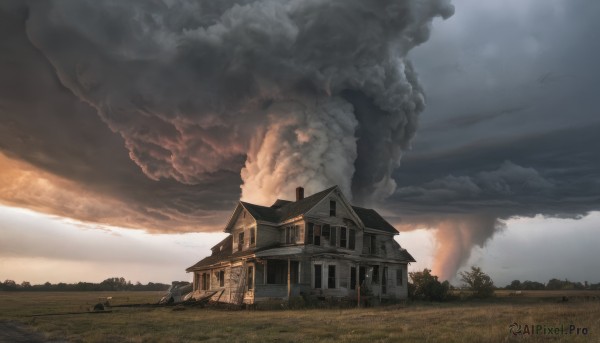 outdoors,sky,day,cloud,water,tree,no humans,window,cloudy sky,grass,fire,building,nature,scenery,smoke,sunset,architecture,house,bird,field