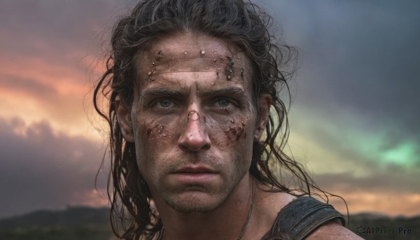 solo,long hair,looking at viewer,black hair,1boy,jewelry,closed mouth,male focus,outdoors,sky,cloud,necklace,blurry,lips,grey eyes,depth of field,blurry background,facial hair,piercing,cloudy sky,messy hair,portrait,freckles,realistic,stubble,dirty,dirty face,brown hair,close-up,sunset