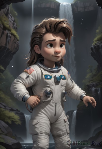 1girl,solo,long hair,smile,brown hair,brown eyes,closed mouth,standing,outdoors,water,thick eyebrows,child,star (sky),wading,freckles,science fiction,realistic,space,waterfall,american flag,spacesuit,astronaut,blush,bodysuit,rock,dirty