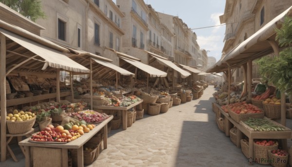 outdoors,food,sky,day,tree,no humans,window,fruit,shadow,plant,building,scenery,fish,city,apple,basket,road,carrot,house,bread,street,meat,banana,tomato,vegetable,town,barrel,corn,cloud,blue sky,sunlight,potted plant,crate