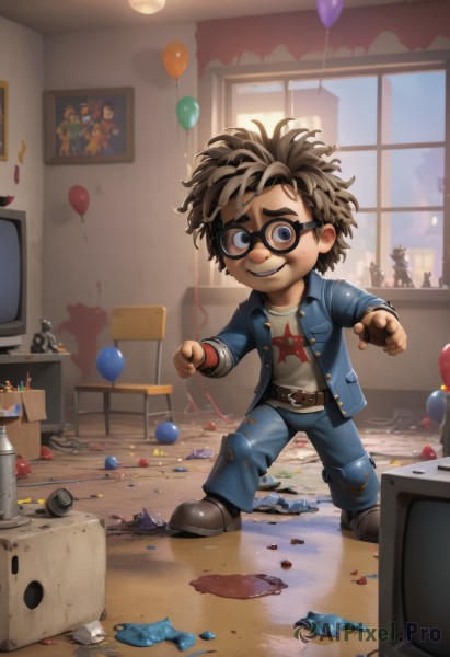 solo,looking at viewer,smile,short hair,blue eyes,brown hair,shirt,1boy,standing,jacket,white shirt,male focus,open clothes,shoes,glasses,teeth,belt,pants,indoors,grin,open jacket,torn clothes,window,chair,table,denim,blue jacket,messy hair,child,black-framed eyewear,jeans,blue pants,male child,balloon,television,dirty,poster (object),toy,long sleeves,virtual youtuber,brown footwear,pointing,box,desk,character doll,confetti,monitor,dice,dirty face,dirty clothes,denim jacket