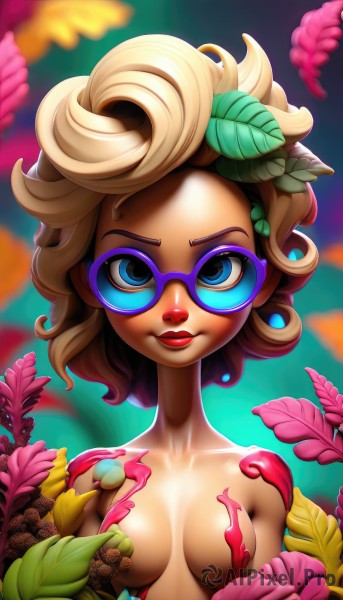 1girl,solo,breasts,looking at viewer,smile,short hair,blue eyes,blonde hair,hair ornament,medium breasts,collarbone,upper body,flower,nude,small breasts,glasses,blurry,lips,eyelashes,makeup,leaf,sunglasses,bug,plant,lipstick,convenient censoring,eyeshadow,curly hair,red lips