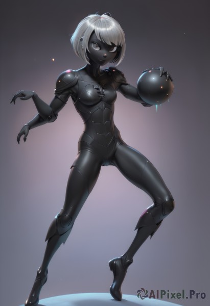 1girl,solo,breasts,looking at viewer,short hair,bangs,simple background,holding,medium breasts,closed mouth,standing,full body,white hair,grey hair,small breasts,shiny,grey background,armor,gradient,grey eyes,gradient background,bodysuit,cameltoe,colored skin,ass visible through thighs,standing on one leg,shoulder armor,black nails,skin tight,ball,shiny clothes,pauldrons,black bodysuit,white eyes,grey skin,orb,black skin,black eyes,piercing,science fiction,joints,cyborg