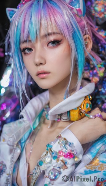 1girl,solo,looking at viewer,short hair,bangs,blue eyes,long sleeves,animal ears,jewelry,blue hair,jacket,upper body,pink hair,multicolored hair,earrings,parted lips,open clothes,cat ears,necklace,blurry,two-tone hair,lips,streaked hair,grey eyes,eyelashes,makeup,fake animal ears,headphones,piercing,ring,gem,ear piercing,pink lips,realistic,nose,animal ear headphones,cat ear headphones,choker,artist name,nail polish,collar,bracelet,depth of field,blurry background,white jacket,freckles,beads,hand on own shoulder