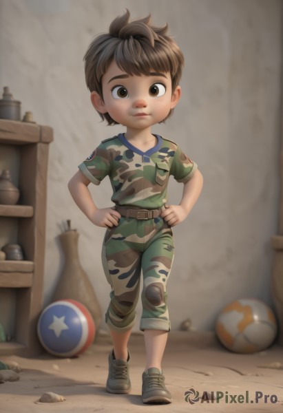 solo,looking at viewer,short hair,brown hair,shirt,1boy,brown eyes,closed mouth,standing,full body,male focus,shoes,belt,pants,blurry,sneakers,child,ball,hands on hips,male child,camouflage,soccer ball,camouflage pants,short sleeves,shorts,rock,realistic,green shirt