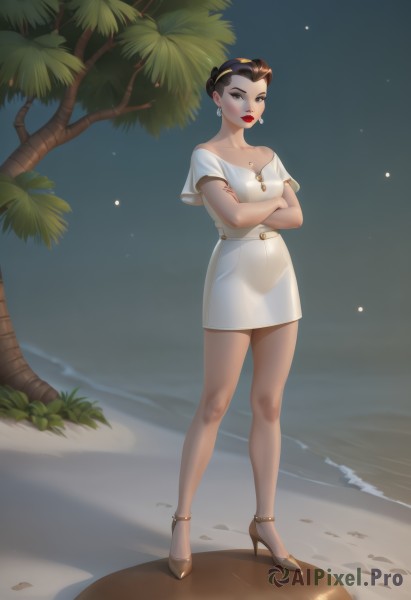 1girl,solo,breasts,looking at viewer,short hair,skirt,brown hair,dress,cleavage,brown eyes,jewelry,medium breasts,standing,collarbone,full body,short sleeves,hairband,earrings,outdoors,water,off shoulder,hair bun,white dress,high heels,tree,legs,bare legs,makeup,night,beach,short dress,crossed arms,single hair bun,lipstick,hoop earrings,sand,palm tree,red lips,black hair,thighs,sky,day,lips,ocean,sunglasses,eyeshadow,nose,stiletto heels,gold footwear