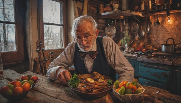 solo,looking at viewer,short hair,shirt,long sleeves,1boy,bow,holding,sitting,closed mouth,white shirt,weapon,white hair,grey hair,male focus,food,glasses,day,striped,collared shirt,sword,indoors,bowtie,vest,tree,cup,window,dress shirt,black bow,fruit,facial hair,scar,table,knife,plant,beard,scar on face,plate,bowl,black vest,black bowtie,realistic,spoon,mustache,apple,basket,glass,old,egg,old man,bare tree,kitchen,tomato,vegetable,counter,closed eyes,bottle,striped bow,carrot,mushroom,bread,grapes,orange (fruit),wooden table,eggplant,lettuce,potato,wrinkled skin,cutting board,onion,salad