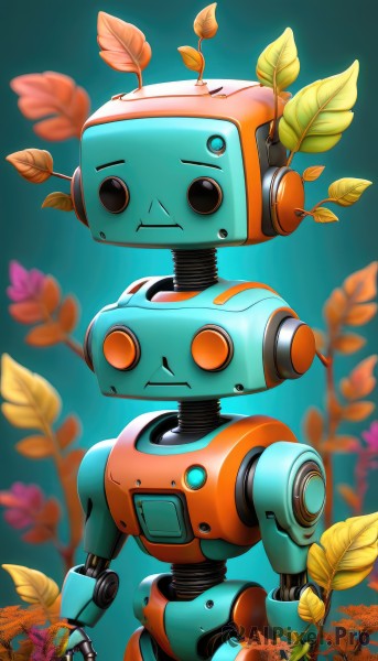 solo,looking at viewer,standing,upper body,flower,blurry,orange eyes,no humans,blurry background,leaf,blue background,plant,robot,mecha,science fiction,orange flower,humanoid robot,artist name,:<,straight-on,radio antenna