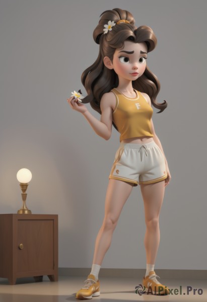 1girl,solo,long hair,breasts,brown hair,shirt,hair ornament,navel,holding,bare shoulders,brown eyes,closed mouth,standing,full body,ponytail,flower,small breasts,shoes,shorts,sleeveless,socks,midriff,indoors,hair flower,grey background,lips,short shorts,thick eyebrows,tank top,white flower,white socks,sneakers,yellow shirt,white shorts,holding flower,lamp,daisy,simple background,sportswear,dolphin shorts