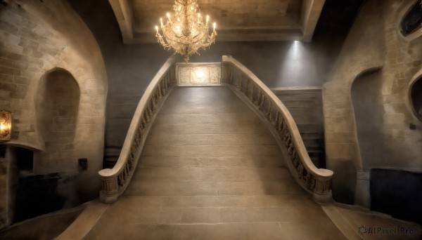 HQ,indoors,no humans,scenery,wooden floor,stairs,door,light,candle,pillar,hallway,arch,chandelier,light rays,architecture,statue,church,candlestand,column