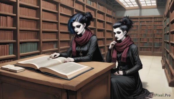 long hair,short hair,multiple girls,black hair,long sleeves,dress,2girls,jewelry,sitting,blue hair,ponytail,earrings,indoors,necklace,scarf,black eyes,black dress,book,makeup,siblings,chair,piercing,table,cross,lipstick,pale skin,black nails,eyeshadow,short ponytail,red scarf,open book,bookshelf,pen,reading,cross necklace,library,gothic,writing,quill,black lips,hair ornament,nail polish,ring,watch,wristwatch