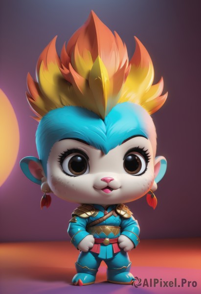 1girl,solo,looking at viewer,smile,short hair,open mouth,blonde hair,long sleeves,1boy,animal ears,brown eyes,jewelry,blue hair,standing,jacket,full body,male focus,multicolored hair,earrings,boots,belt,pants,artist name,chibi,orange hair,armor,:3,spiked hair,furry,clenched hands,blue footwear,furry female,blue pants,furry male,body fur,whiskers,buck teeth,yordle,red hair,teeth,two-tone hair,eyelashes,leaf,hands on hips,animal nose,mohawk