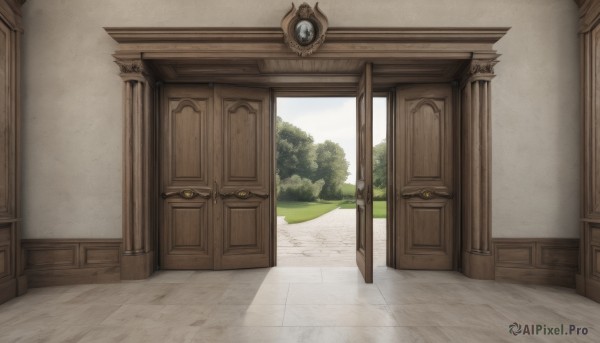 outdoors,sky,day,indoors,tree,no humans,window,shadow,grass,plant,nature,scenery,door,bush,pillar,open door,path,cloud,blue sky,wooden floor,clock,wall,carpet,rug,cabinet