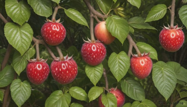 outdoors,food,day,blurry,tree,no humans,fruit,leaf,plant,nature,scenery,forest,strawberry,food focus,still life,simple background,artist name,signature,depth of field,blurry background,realistic,branch