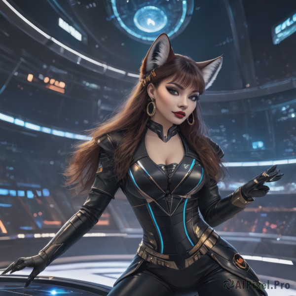 1girl,solo,long hair,breasts,looking at viewer,bangs,large breasts,brown hair,gloves,animal ears,cleavage,brown eyes,jewelry,medium breasts,cowboy shot,earrings,black gloves,belt,pants,artist name,cat ears,blunt bangs,mole,lips,animal ear fluff,bodysuit,makeup,lipstick,skin tight,extra ears,eyeshadow,science fiction,hoop earrings,realistic,nose,black bodysuit,red lips,eyeliner,leather,hair ornament,choker,black eyes,fox ears,black pants,ring,wolf ears,backlighting,wolf girl