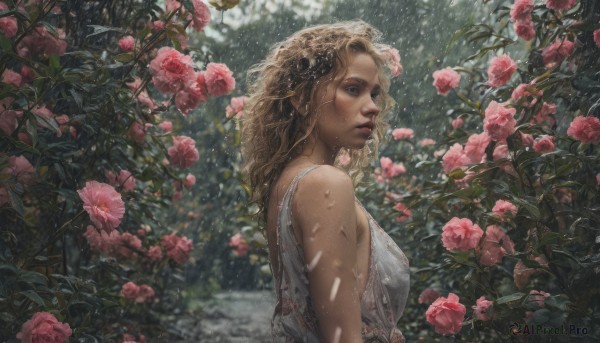 A female surrounded by a lush rainy outdoors
