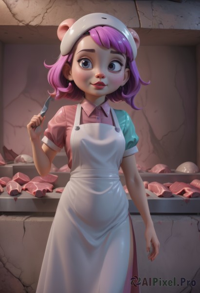 1girl,solo,looking at viewer,smile,short hair,bangs,blue eyes,shirt,hat,dress,holding,jewelry,standing,pink hair,purple hair,short sleeves,earrings,parted lips,food,puffy sleeves,artist name,indoors,medium hair,black eyes,apron,puffy short sleeves,lips,blood,makeup,white headwear,knife,lipstick,pink dress,white apron,freckles,collared dress,red lips,holding knife,egg,horror (theme),kitchen knife,breasts,blush,panda ears