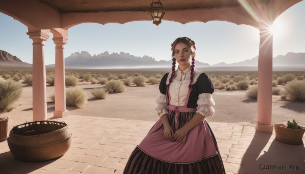 1girl,solo,long hair,looking at viewer,skirt,brown hair,shirt,black hair,hair ornament,dress,brown eyes,braid,flower,short sleeves,outdoors,sky,day,puffy sleeves,apron,twin braids,dark-skinned female,puffy short sleeves,lips,shadow,sunlight,grass,plant,scenery,vertical stripes,pink skirt,mountain,realistic,sun,basket,pillar,bangs,long sleeves,twintails,standing,white shirt,pink hair,multicolored hair,parted lips,hair flower,black dress,two-tone hair,blue sky,parted bangs,makeup,own hands together,hair over shoulder,lens flare,v arms,road,layered sleeves,short over long sleeves,lamppost,hands on lap,pavement